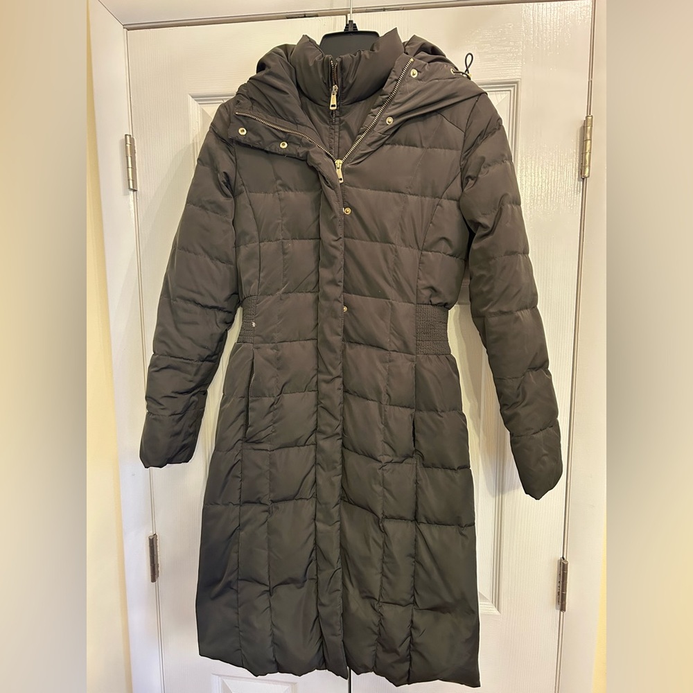 Olive green, warm winter coat with large hood. Cole Haan, size XS